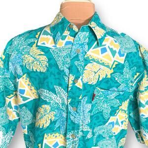 Vintage 90s Shirt Tropical Abstract Ramie Unisex Top Medium Teal Yellow Hawaii